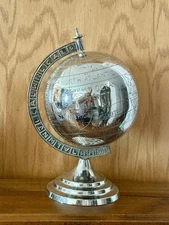 13.5” VTG Silver Metal Chrome World Globe Map Rotating Heavy Desktop Decor