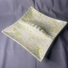 Vintage Large Mid Century Retro Ashtray Ceramic Green Yellow White Speckled MCM