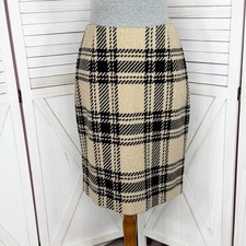 Ann Taylor Loft Wool Skirt Women Size 6 Tan Black Plaid Tweed Pencil Preppy