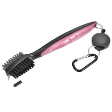 Golf Club Brush Double Sided Retractable Cord Clip Dust Groove Cleaner Pink