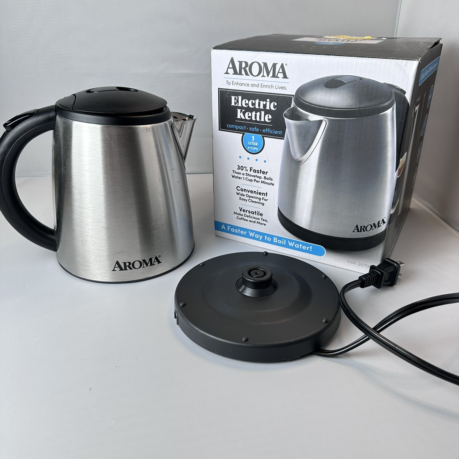 Aroma 1L Electric Water Kettle Stainless Steel Tea Coffee Rapid Boil