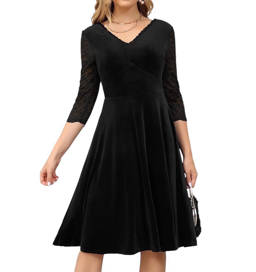 knee length dresses for ladies Black Mesh Panel Midi Dress With Ruffle Trim And High Neck Wedding Gue –  VOS LEE