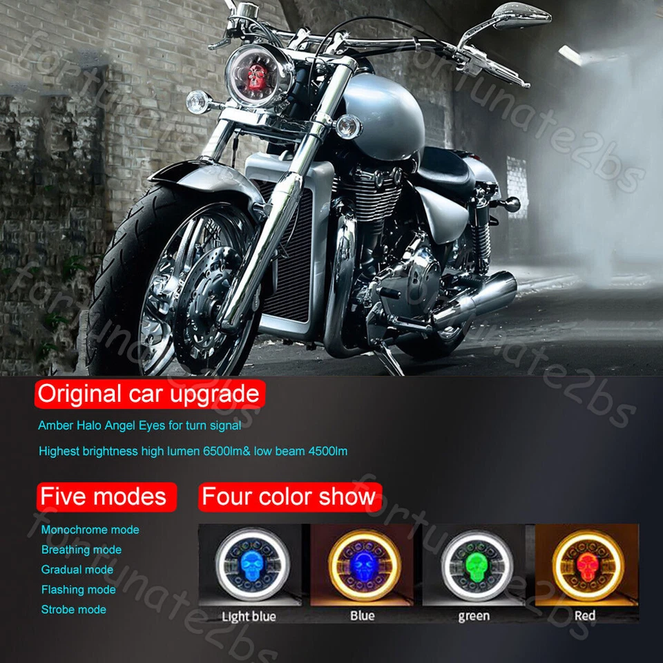 Faro LED calavera 7" ojos de ángel para motocicleta Harley-Davidson Honda Yamaha EE. UU. Foto 3 de 4