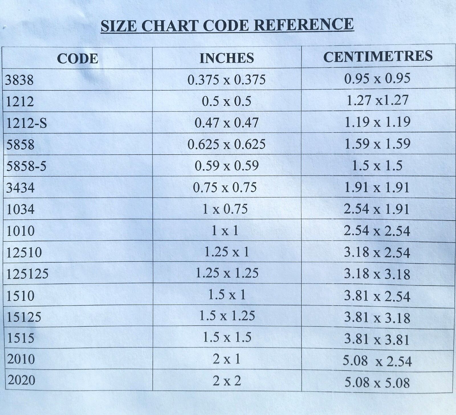 Baggies Size Chart