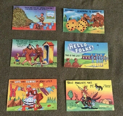 WWII 6 WW2 Vintage US Army Military USO Life Soldier Linen Cartoon Postcard USGI