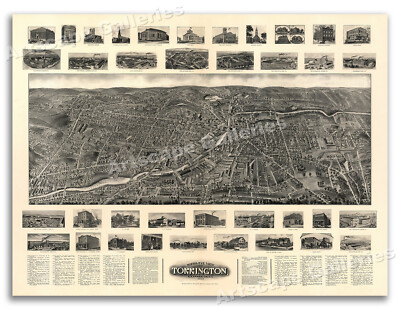 1907 Torrington Connecticut Vintage Old Panoramic City Map - 24x32