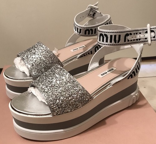 $650 MIU MIU Cuero Correa de logotipo 75 Brillo embellecer Sandalias De  Plataforma Blanco 38.5 | eBay