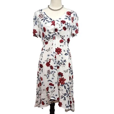 Red Floral Hi-Low Ruffle Low Back V Neck Women's Size M A-Line Casual Dress