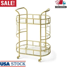 Bar Service Cart W/ Matte Gold Rolling Casters Glass Shelf Apartment Home Office