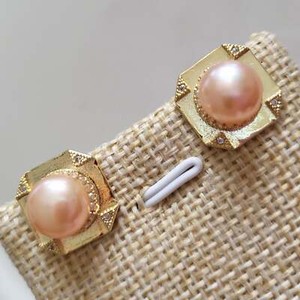 Authentic 14K Gold Plated Natural Freshwater Sakura Pink Square Pearl Earrings