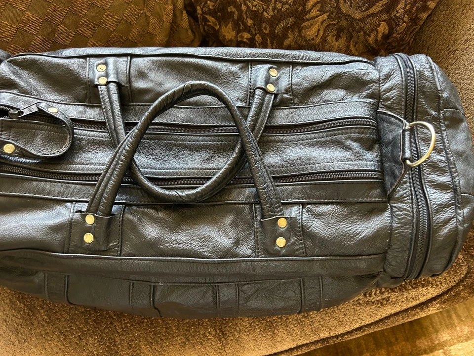 Bolso de Lona Cuero Negro Retazos Viaje Sobre la Cabeza De Colección 27"x12" Hecho en México, $50 Foto 2 de 4