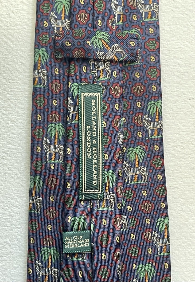 HOLLAND & HOLLAND NECKTIE TIE, Safari Zebra & Palm Tree, 100% Silk, England RARE View 3
