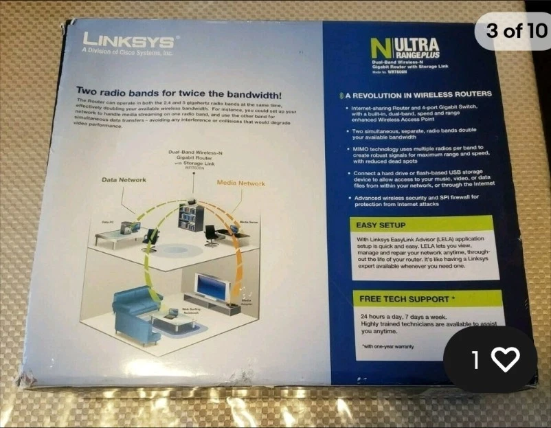 Cisco Linksys WRT600N Ultra RangePlus Dual-Band Wireless-N Gigabit Router - Image 2 of 4