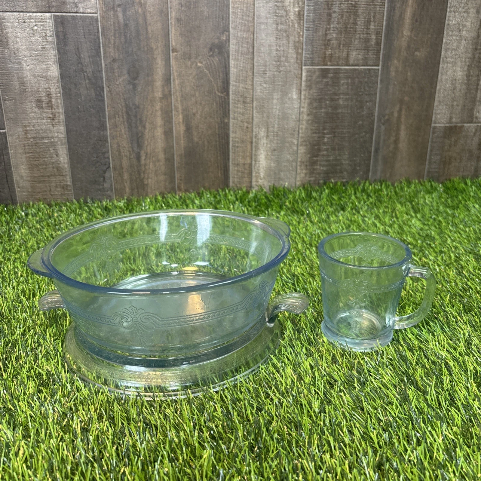 Fire-King Clear Glass Scroll Pattern 3-Piece Bowl & Pie Plate Lot Vintage