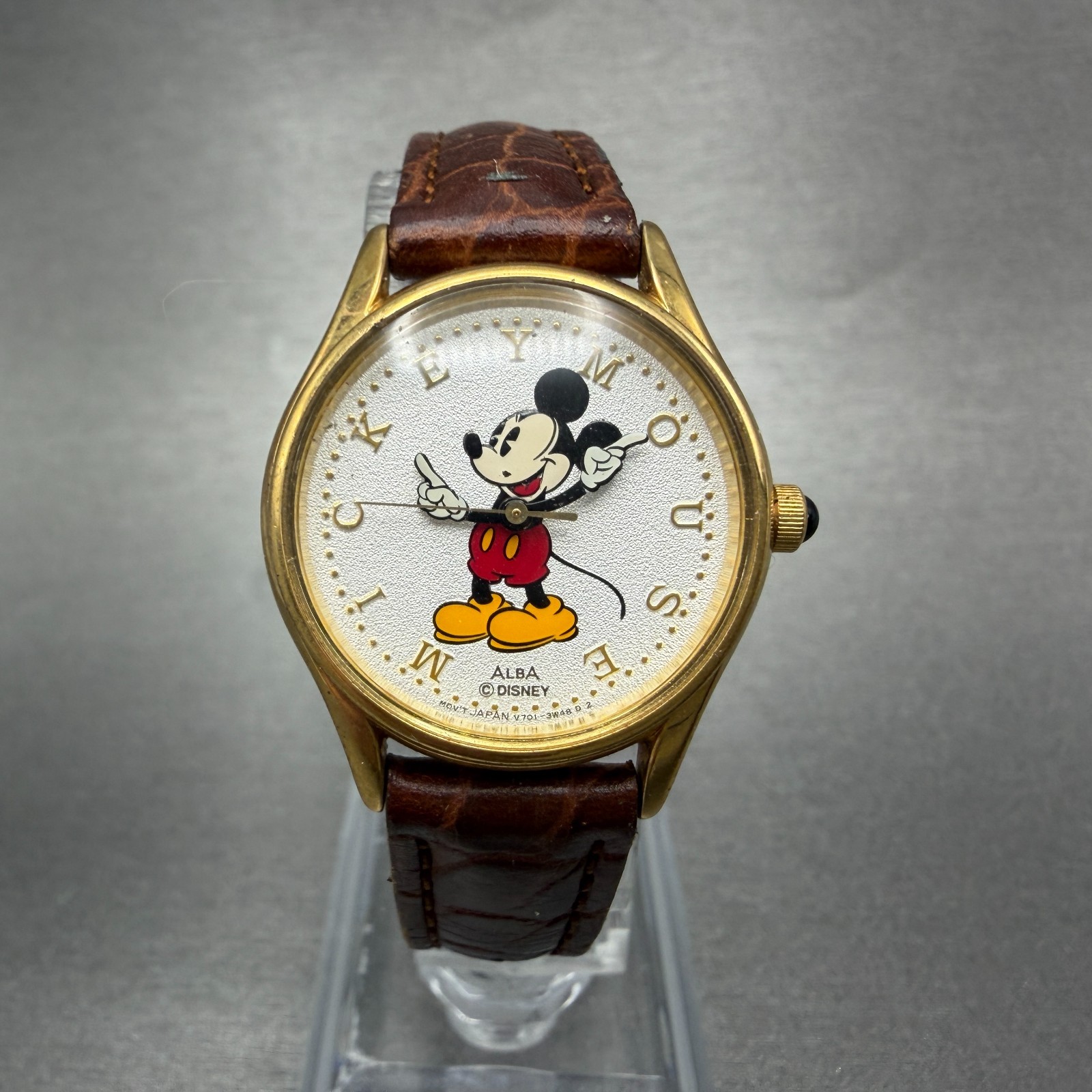 Gold New Tone Mouse Alba Women Mickey 26mm V701-2G70 Dial Seiko Bat Watch Silver - vintagewatches.pk