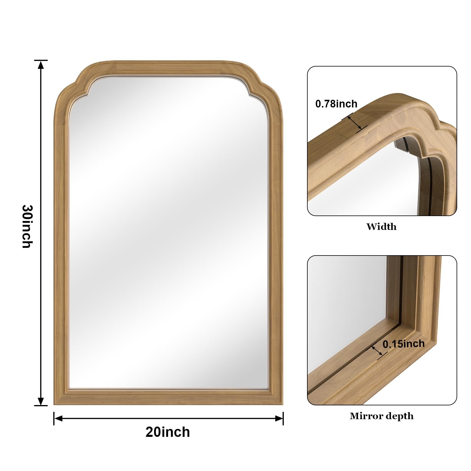 Wood Frame Wall Mirror Rounded Corner Arch Rectangle Mirror for Entryway, Liv...