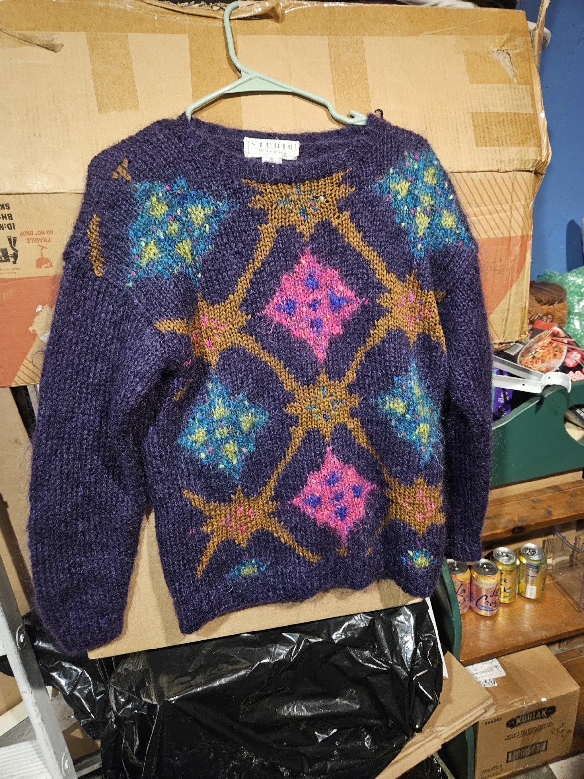 Studio Michelle Stuart Hand Knit Wool Blend Purple Holiday Sweater Size Small