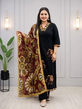 Women Black Embroidered Jaipuri Kurta Pants  Dupatta, Ethnic Salwar Kameez Eid