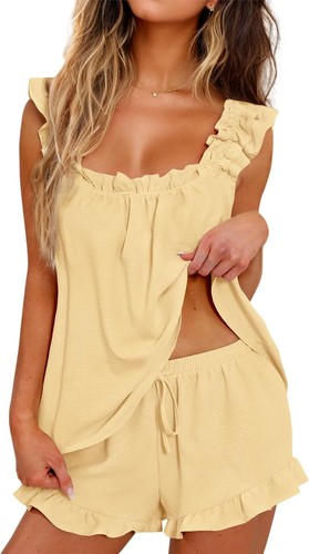 Damen Pyjama Set 2-teilig Rüschen Pyjama weich Tank Top und Shorts Nachtwäsche Set - Bild 32 von 34