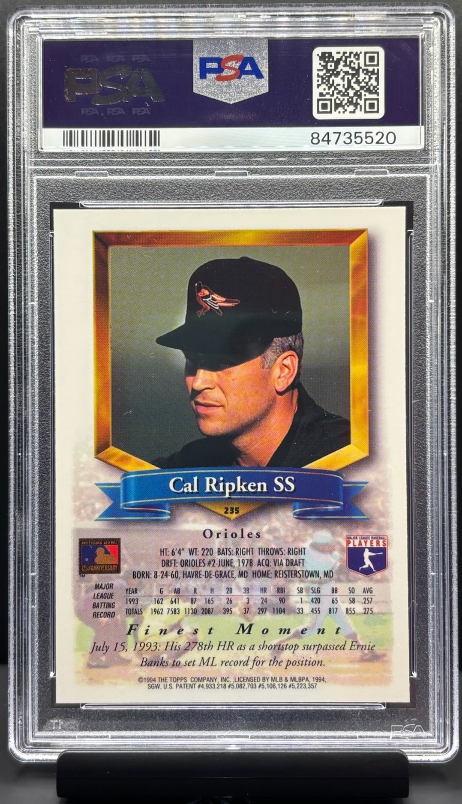 1994 Topps Finest #235 Cal Ripken Jr. Baltimore Orioles Legend HOFer PSA 9 MINT view 2