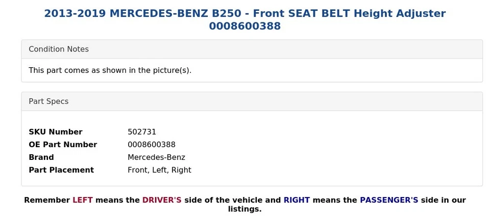 2013-2019 MERCEDES-BENZ B250 - Front SEAT BELT Height Adjuster 0008600388 - Image 4 of 4