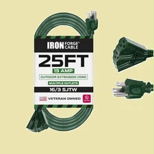 25 Foot Outdoor Extension Cord with 3 Electrical Power Outlets - 16/3 SJTW
