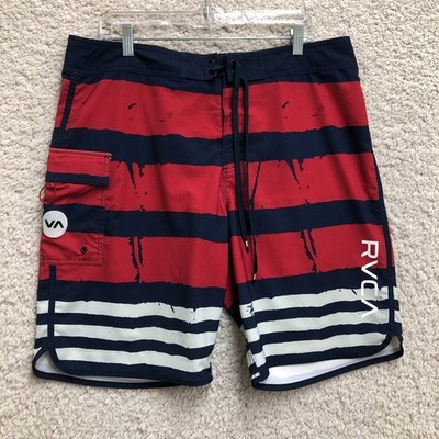 RVCA Shorts 36 Mens Red Balance Striped Cargo Boardshorts Stretch Swim Surfing