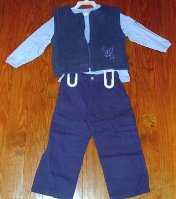 NEW MOTHER-MAID ORIGINALS Boys Blue 3pc Set Tee Fleece Bee Vest Cargo Pants 3T