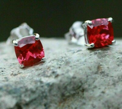 3Ct Cushion Cut Red Ruby Lab-Created Women Stud Earrings 14K White Gold Plated