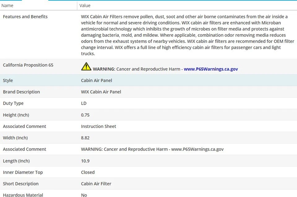 Filtro de aire de cabina WIX para Ford Edge 2015-2018 V6-3,5 L Foto 3 de 4
