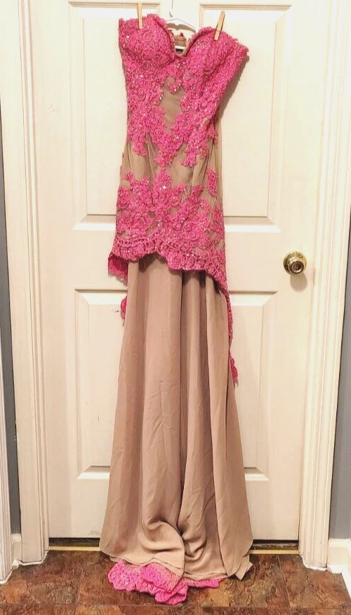 VESTIDO DE NOCHE FORMAL LARGO ENCAJE SHERRI HILL Rosa Desnudo 4 Stock Out Foto 2 de 4