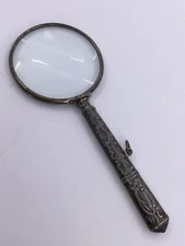 MAGNIFYING GLASS STERLING HANDLE W/ LOOP REPOUSSE 2” GLASS (S787) 