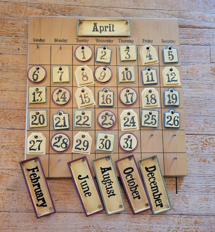 VTG Wooden Perpetual Calendar 12"X12" Double Sided Tin Tabs