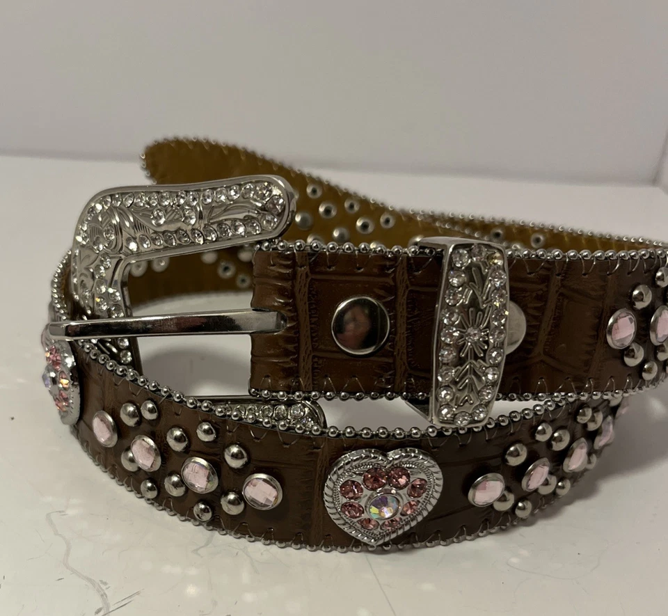 "Cinturón de cuero marrón estilo occidental ~ hebilla en tono plateado con corazones rosas talla 31""" Foto 3 de 4