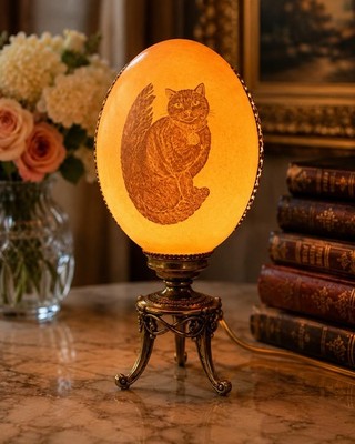 Signed R. Davis 1990 Ostrich Egg Cat Lamp Ornate Brass Base 9.5''    Rare