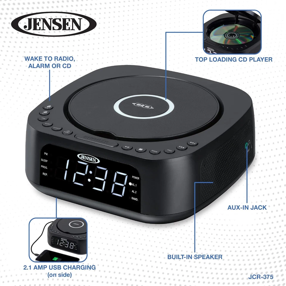 JENSEN JCR-375 Stereo Digital Dual-Alarm Clock with Top-Loading CD Black  - Image 4 of 4