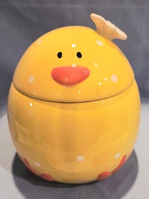 Easter Chick Egg Candy Dish Canister W/Lid Yellow Polka Dot Flower Top 6''