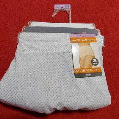 Warners No Muffin Top Sz XL 8 Blissful Benefits 3 Pk Briefs White Silver Gre NWT