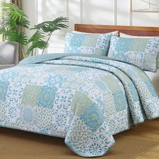 Dobuyly Patchwork Quilt Set King Size, Aqua Blue Boho Summer Bedspreads Coverlet