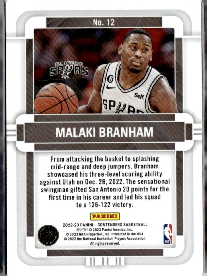 2022  Panini Contenders Rookie Of The Year #12 Malaki Branham RC Spurs - Image 2 of 2