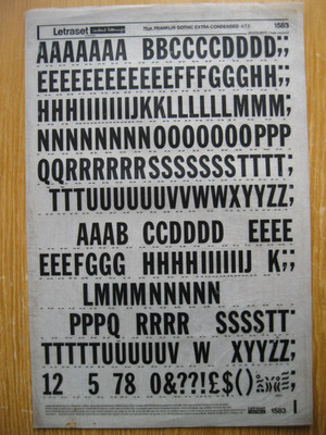 1 x Letraset Upp & Num Franklin Gothic Extra Cond 72pt 19,8mm Blatt 1583 (bb)