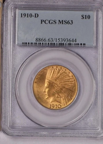 1910-D Gold Indian $10 PCGS MS63. Denver Mint Eagle.