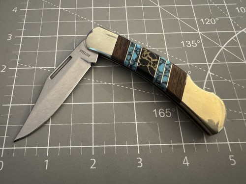 BUFFALO Navajo Handmade Wood/Silver/Turquoise/Onyx Handle 440 S.Steel 3" Blade
