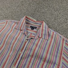 VTG Lands End Shirt Mens L Stripe Colorful Seersucker Short Sleeve Button Up 90s