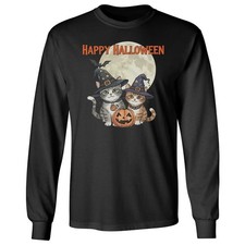 Cute Witch Cats - Funny Halloween Pumpkin Night Long Sleeve Tshirt