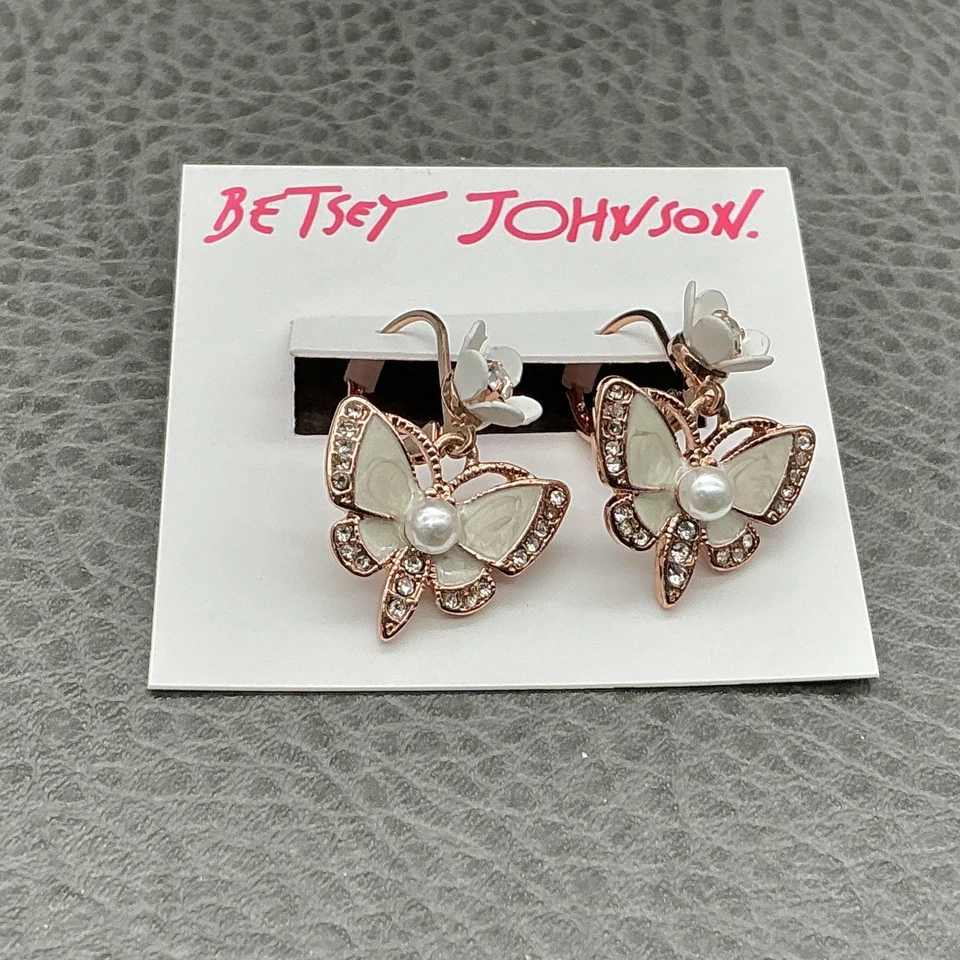 Pendientes colgantes Betsey Johnson mariposa tono oro rosa perlas cristal flores Foto 4 de 4