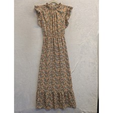 SHEIN Floral Maxi Dress Women L Ruffle Sleeve Mock Neck Smocked Waist Orange