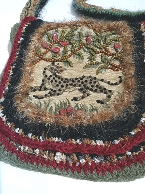 Embroidered Animal Print Leopard Cat Beaded Purse Satchel Hippy Boho Chic Ethnic