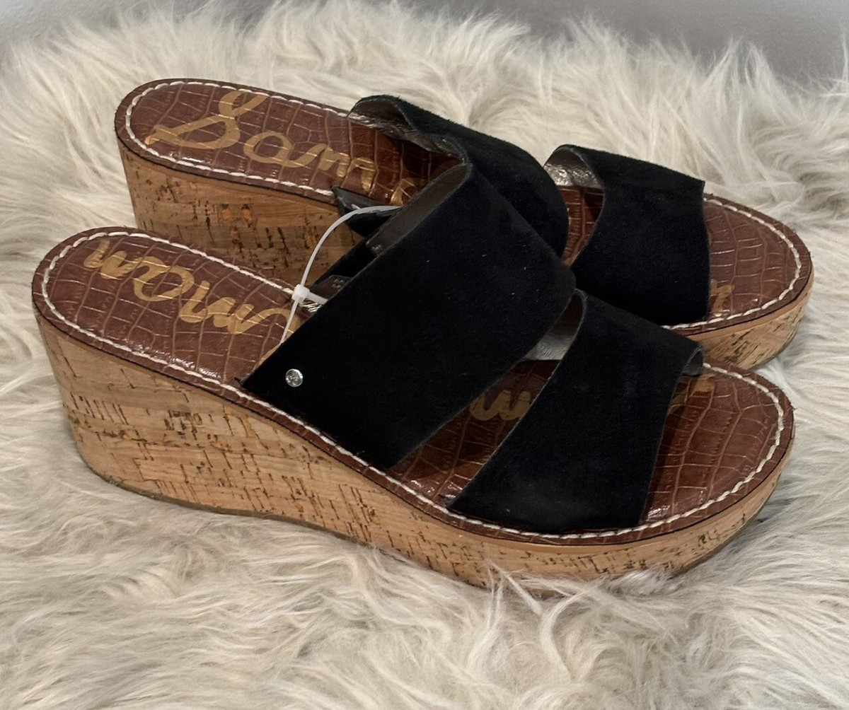 Sam Edelman Women's 9 Dali Black Suede Cork Platform Wedge Sandals