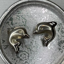 Vintage 925 Sterling Silver Puffy Dolphin Swimming Jumping Stud Post Earrings